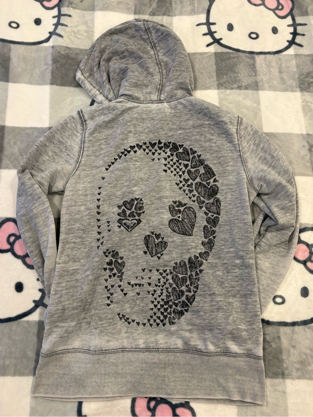 Y2K Roxy Grey Acid Wash Zip-Up Hoodie with Skull graphic